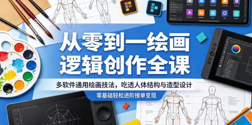从零到一绘画逻辑创作全课，多软件通用绘画技法，吃透人体结构与造型设计，零基础轻松进阶接单变现-AI学习资源网