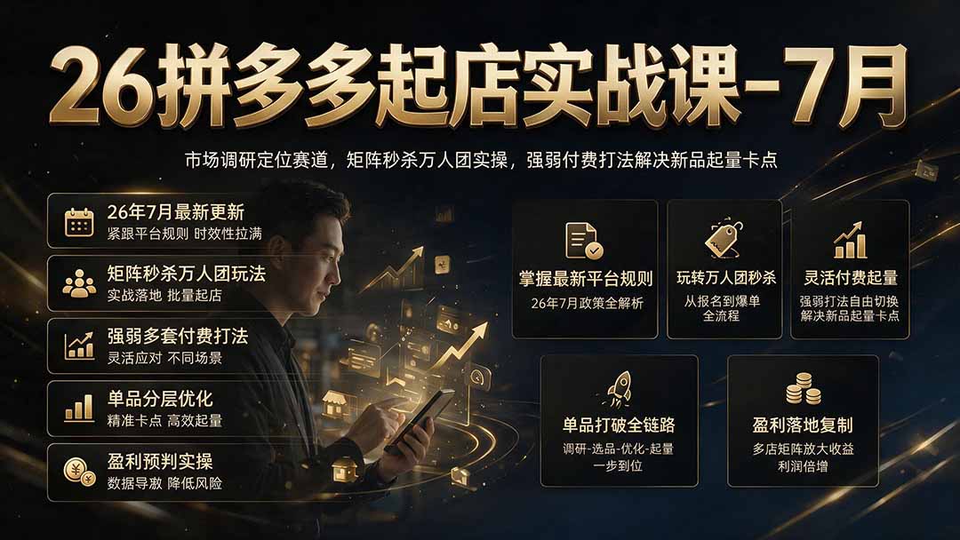 26拼多多起店实战课-7月｜市场调研定位赛道，矩阵秒杀万人团实操，强弱付费打法解决新品起量卡点-AI学习资源网