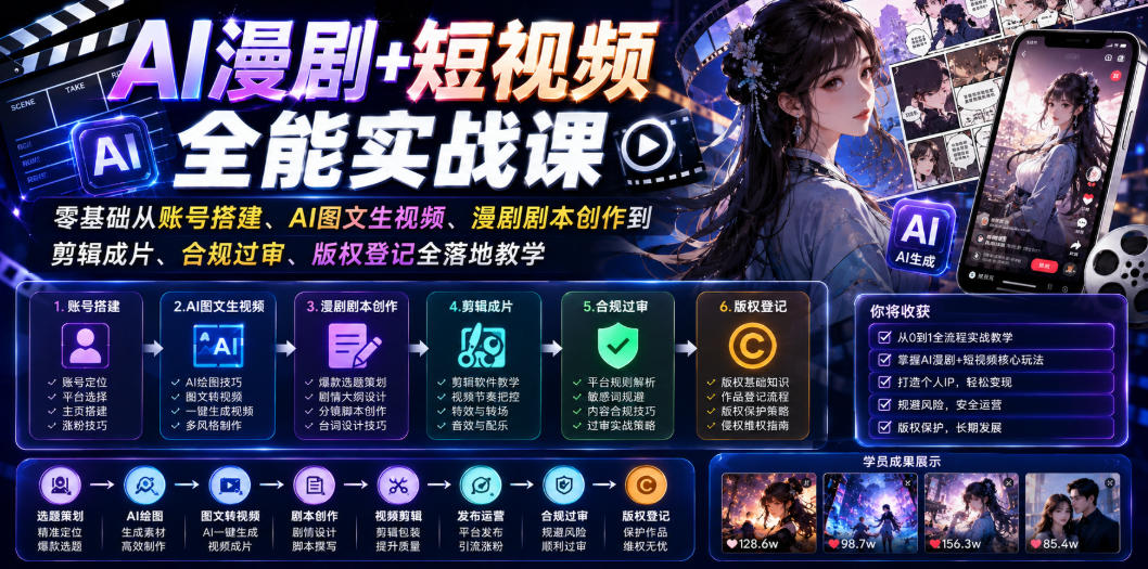 AI漫剧+短视频全能实战课｜零基础从账号搭建、AI图文生视频、漫剧剧本创作到剪辑成片、合规过审、版权登记全落地教学-AI学习资源网