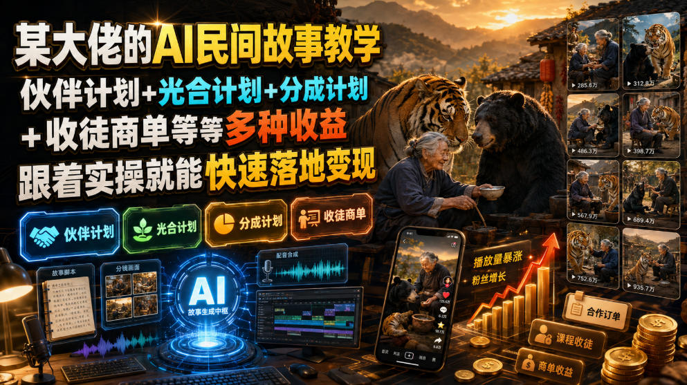 某大佬的AI民间故事教学，伙伴计划+光合计划+分成计划+收徒商单等多种收益，跟着实操就能快速落地变现-AI学习资源网