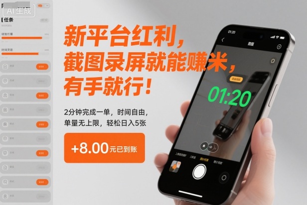 新平台红利,截图录屏就能賺米,有手就行!2分钟完成一单,时间自由,单量无上限,轻松日入5张【揭秘】-AI学习资源网