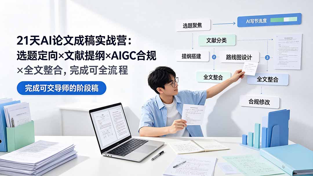 21天AI论文成稿实战营：选题定向×文献提纲×AIGC合规×全文整合，完成可交导师的阶段稿-AI学习资源网