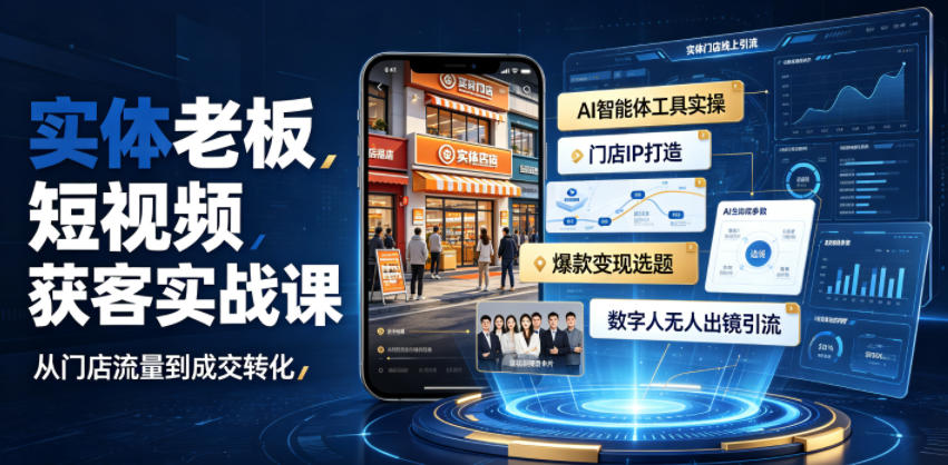 实体老板短视频获客实战课|AI智能体工具全套实操、门店IP打造、爆款变现选题、数字人无人出镜引流完整教程-AI学习资源网