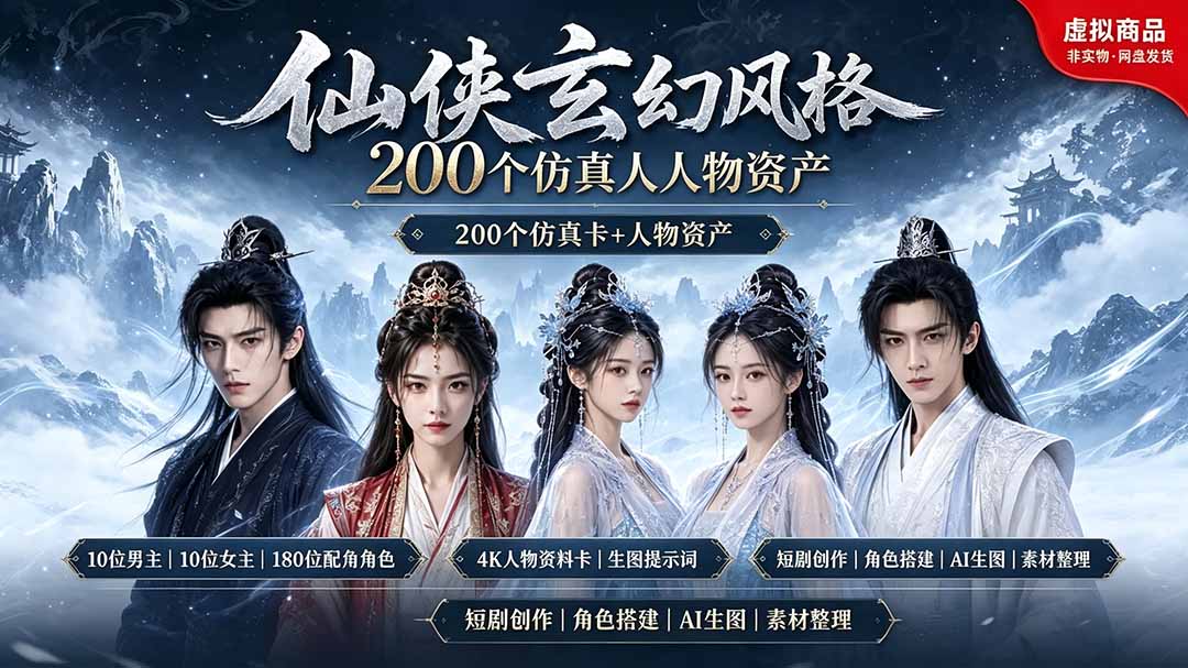 200个仙侠玄幻仿真人素材◆10男主×10女主×180配角，4K资料卡+AI生图提示词，漫剧必备-AI学习资源网