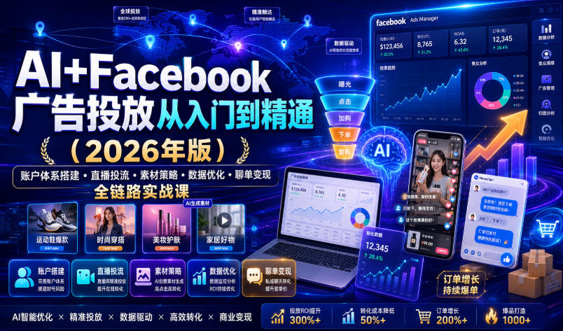 AI+Facebook广告投放从入门到精通(2026年版)|账户体系搭建・直播投流・素材策略・数据优化・聊单变现全链路实战课-AI学习资源网