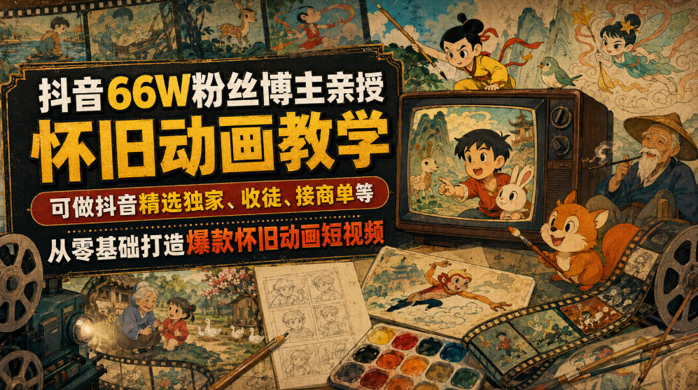 抖音66W粉丝博主亲授怀旧动画教学，可做抖音精选独家、收徒、接商单等，从零基础打造爆款怀旧动画短视频-AI学习资源网