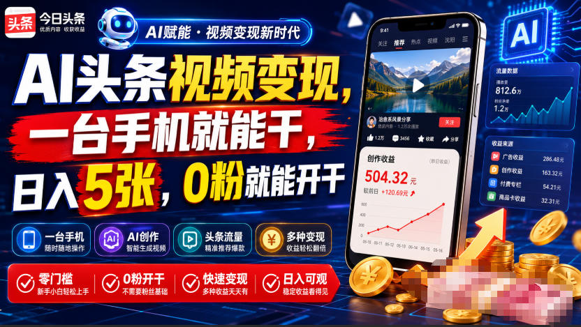 AI头条视频变现，一台手机就能干，日入5张，0粉就能开干-AI学习资源网