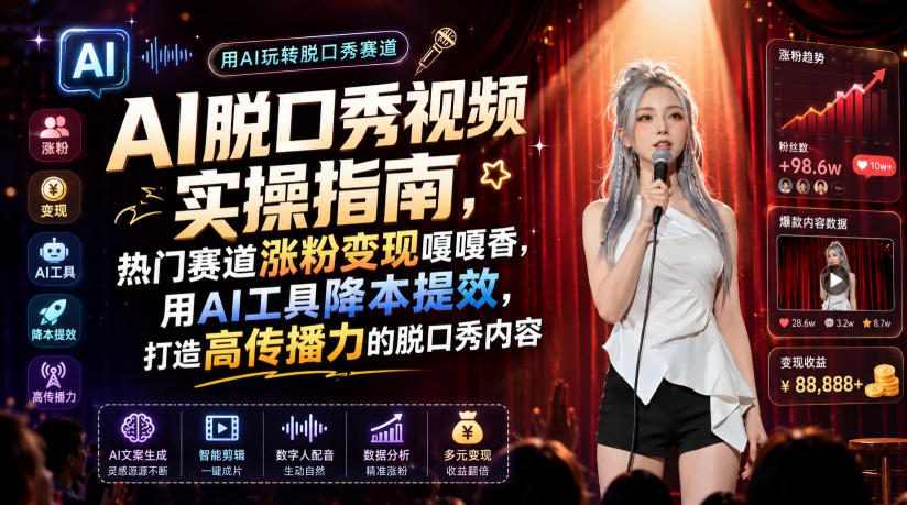 AI脱口秀视频实操指南，热门赛道涨粉变现嘎嘎香，用AI工具降本提效，打造高传播力的脱口秀内容-AI学习资源网