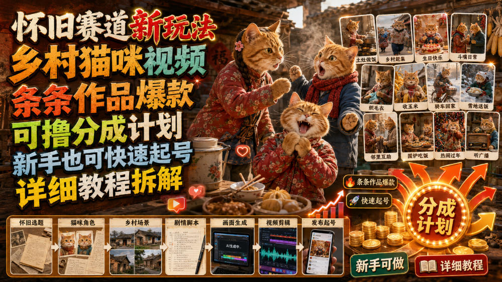 怀旧赛道新玩法,乡村猫咪视频,条条作品爆款,可撸分成计划,新手也可快速起号,详细教程拆解-AI学习资源网