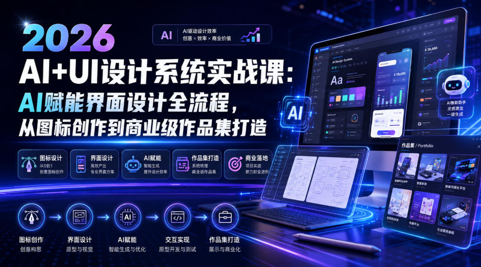 2026 AI+UI设计系统实战课:AI赋能界面设计全流程,从图标创作到商业级作品集打造-AI学习资源网
