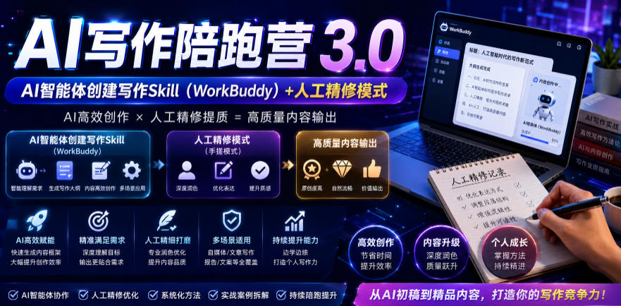 AI写作陪跑营3.0，Ai智能体创建写作skill(workbuddy)+人工手写模式(手搓模式)，去除AI痕迹(头条号、公众号、百家号)-AI学习资源网