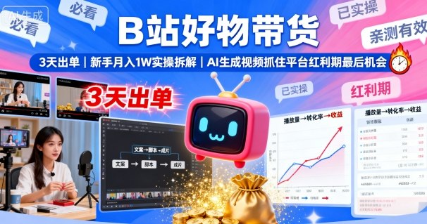 B站好物带货，3天出单，新手月入1W实操拆解，AI生成视频，抓住平台红利期最后机会-AI学习资源网
