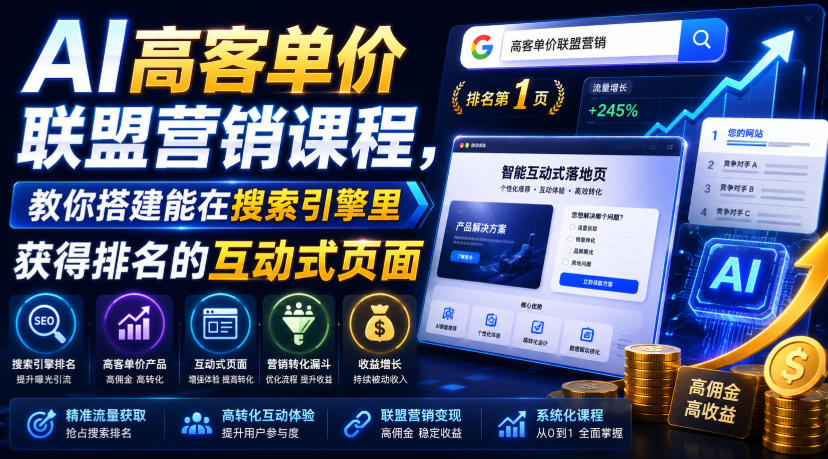 AI高客单价联盟营销课程，教你搭建能在搜索引擎里获得排名的互动式页面，引来流量，把访客转化为高佣金的成交【原创双语字幕】-AI学习资源网