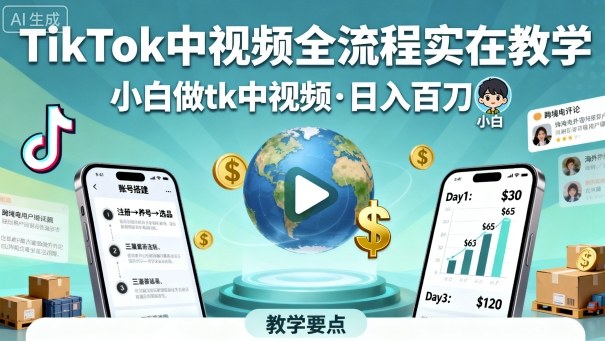 TikTok中视频全流程实操教学，小白做tk中视频，日入百刀-AI学习资源网