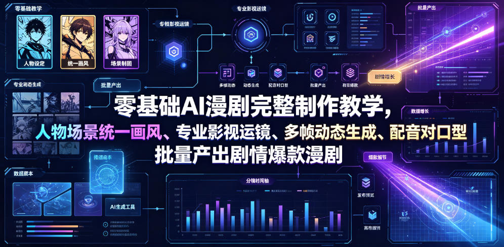 零基础AI漫剧完整制作教学，人物场景统一画风、专业影视运镜、多帧动态生成、配音对口型，批量产出剧情爆款漫剧-AI学习资源网