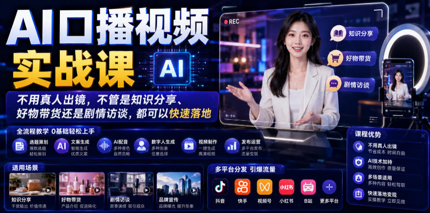 AI口播视频实战课，不用真人出镜，不管是知识分享、好物带货还是剧情访谈，都可以快速落地-AI学习资源网