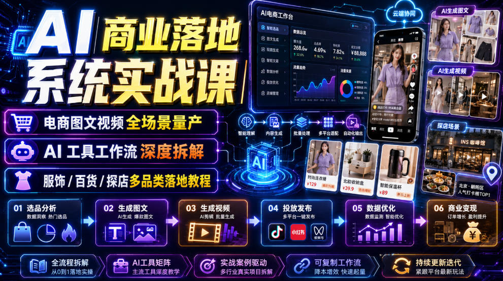 AI商业落地系统实战课｜电商图文视频全场景量产・AI工具工作流深度拆解・服饰/百货/探店多品类落地教程-AI学习资源网