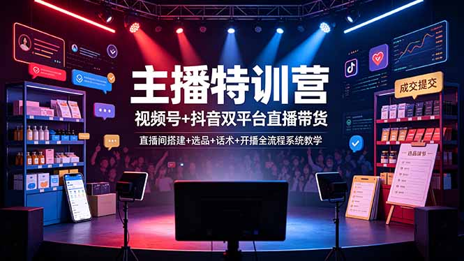 主播特训营：视频号+抖音双平台直播带货，直播间搭建+选品+话术+开播全流程系统教学-AI学习资源网