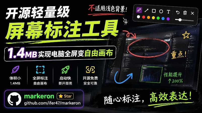 开源轻量级屏幕标注工具，1.4MB实现电脑全屏变自由画布！支持8种标注工具和全键盘操控MarkerOn-AI学习资源网