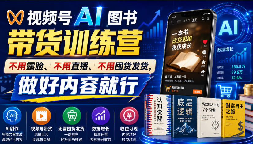 视频号AI图书带货训练营,不用露脸、不用直播、不用囤货发货,做好内容就行,一条爆款视频佣金8942-AI学习资源网