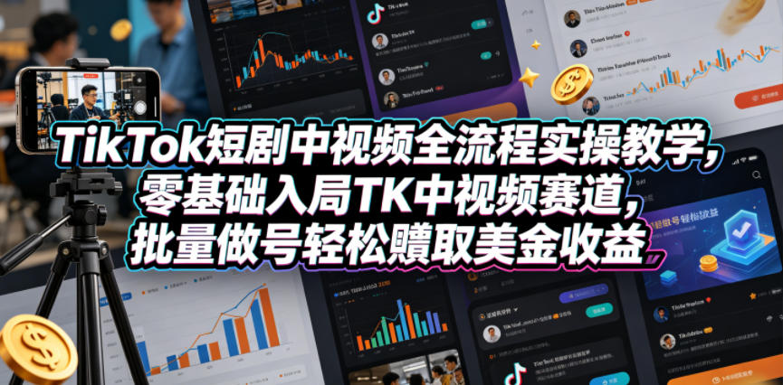 TikTok短剧中视频全流程实操教学，零基础入局TK中视频赛道，批量做号轻松賺取美金收益-AI学习资源网
