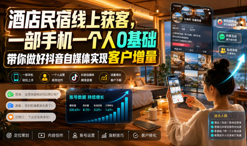 酒店民宿线上获客，一部手机一个人0基础带你做好抖音自媒体实现客户增量-AI学习资源网