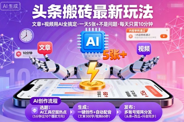 头条搬砖最新玩法，文章+视频用AI全搞定，一天5张+不是问题，每天只需10分钟-AI学习资源网
