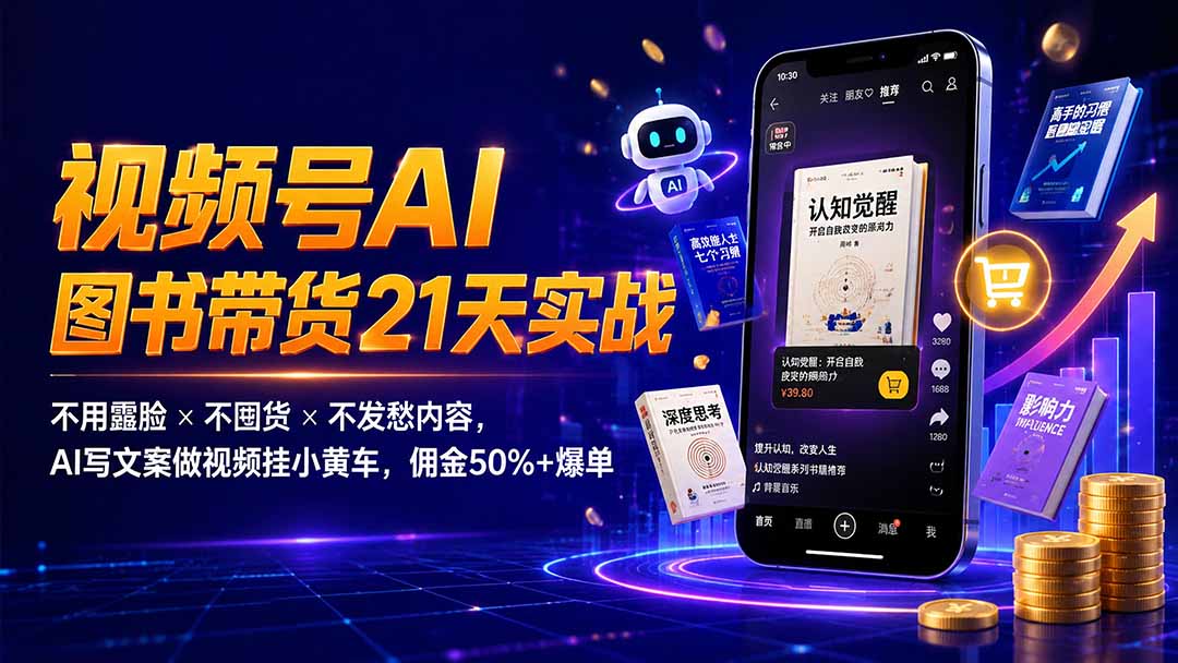 繁花视频号AI图书带货21天实战：不用露脸×不囤货×不发愁内容，AI写文案做视频挂小黄车，佣金50%+爆单-AI学习资源网