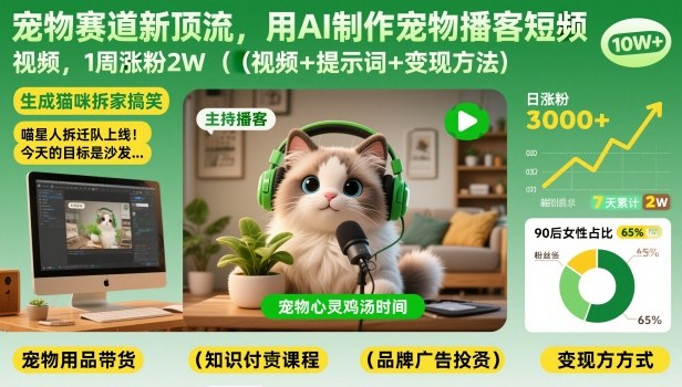 宠物赛道新顶流，用AI制作宠物播客短视频，1周涨粉2W(视频+提示词+变现方法)-AI学习资源网