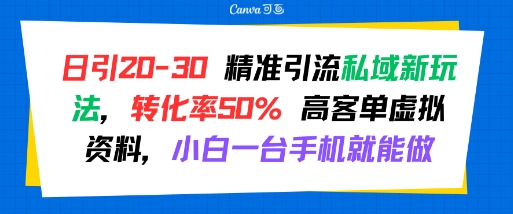 日引 20-30 精准引流私域新玩法，转化率50% 高客单虚拟资料，小白一台手机就能做-AI学习资源网