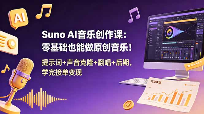Suno AI音乐创作课:零基础也能做原创音乐!提示词+声音克隆+翻唱+后期,学完接单变现-AI学习资源网
