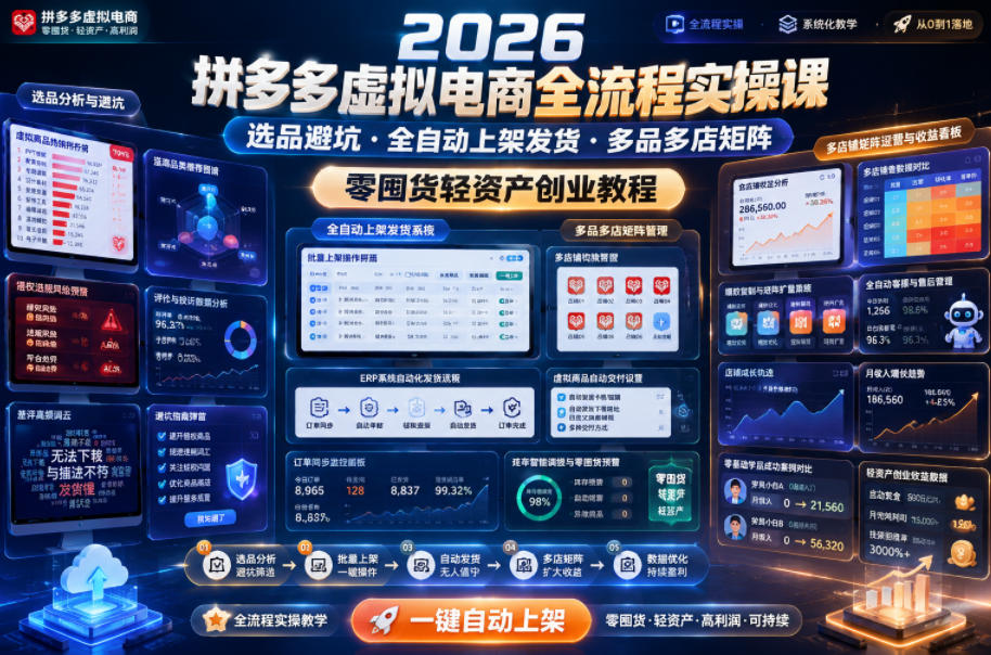 2026拼多多虚拟电商全流程实操课，选品避坑・全自动上架发货・多品多店矩阵，零囤货轻资产创业教程-AI学习资源网
