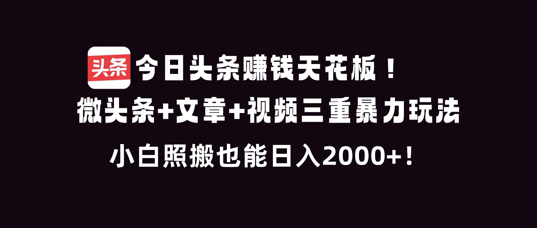 今日头条赚钱天花板！微头条+文章+视频三重暴利玩法，小白照搬也能日人2000+-AI学习资源网