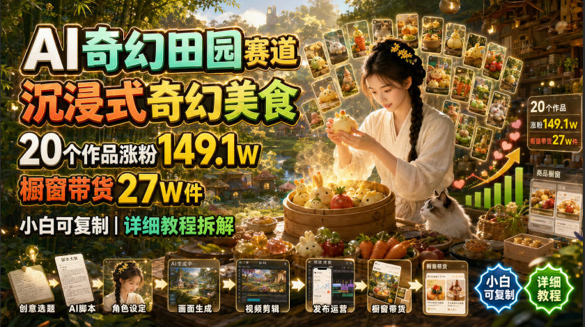AI奇幻田园赛道,沉浸式奇幻美食,20个作品涨粉149.1W,橱窗带货27W件,小白可复制,详细教程拆解-AI学习资源网