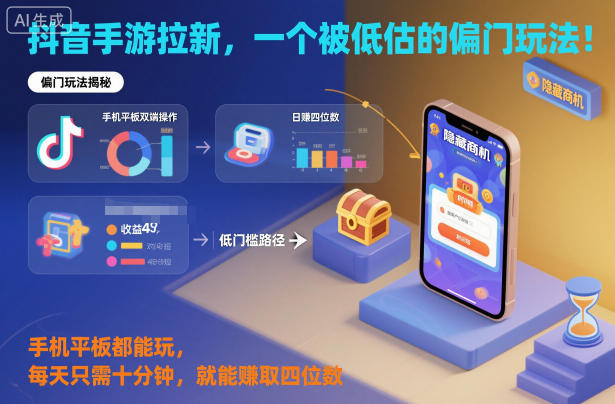 抖音手游拉新,一个被低估的偏门玩法!手机平板都能玩,每天只需十分钟,就能賺取四位数【揭秘】-AI学习资源网