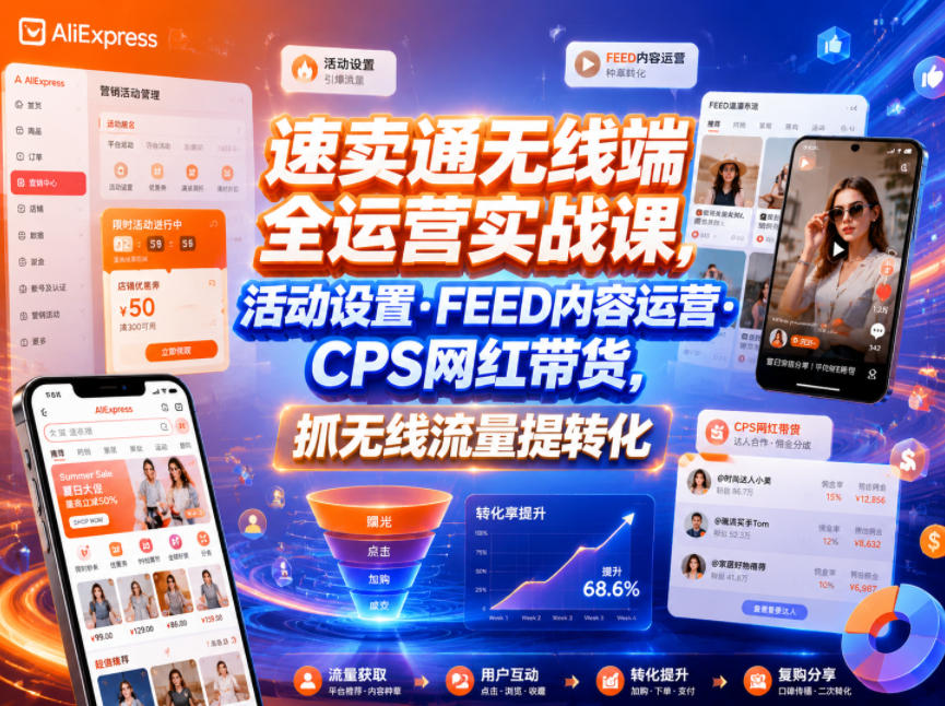 速卖通无线端全运营实战课，活动设置・FEED内容运营・CPS网红带货，抓无线流量提转化-AI学习资源网