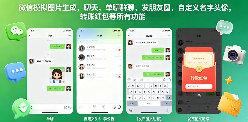 微信模拟图片生成，聊天，单聊群聊，发朋友圈，自定义名字头像，转账红包等所有功能都可以生成-AI学习资源网
