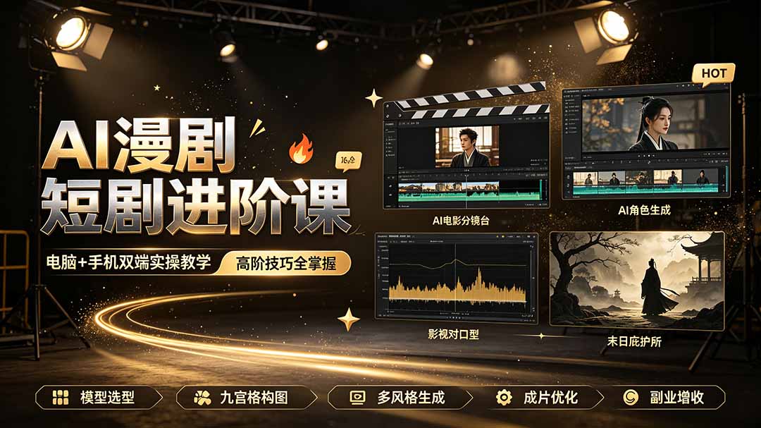 AI漫剧短剧进阶课｜电脑+手机双端实操教学｜影视剧对口型人物吃瓜×解压末日庇护所全程讲解，高阶技巧全掌握-AI学习资源网