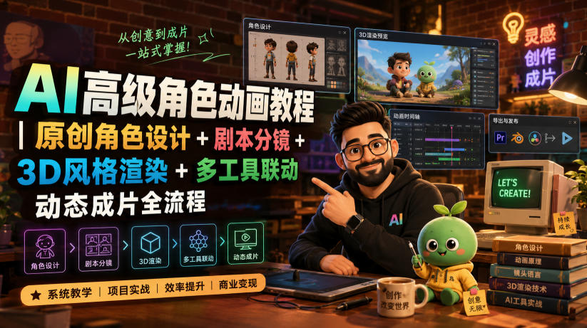 AI高级角色动画教程｜原创角色设计+剧本分镜+3D风格渲染+多工具联动动态成片全流程【中英字幕】-AI学习资源网