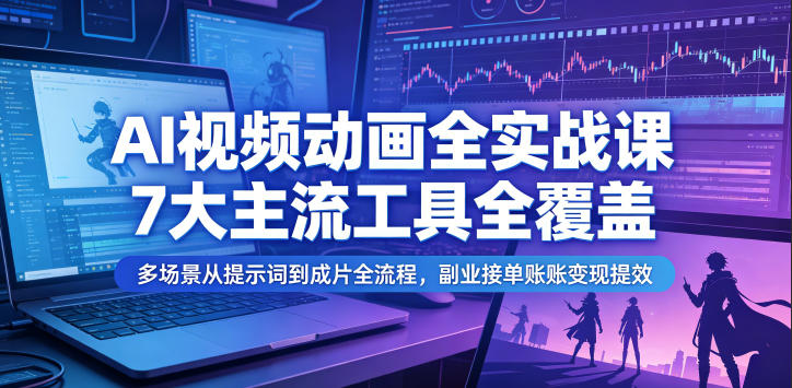 AI视频动画全实战课,7大主流工具全覆盖,多场景从提示词到成片全流程,副业接单账号变现提效-AI学习资源网