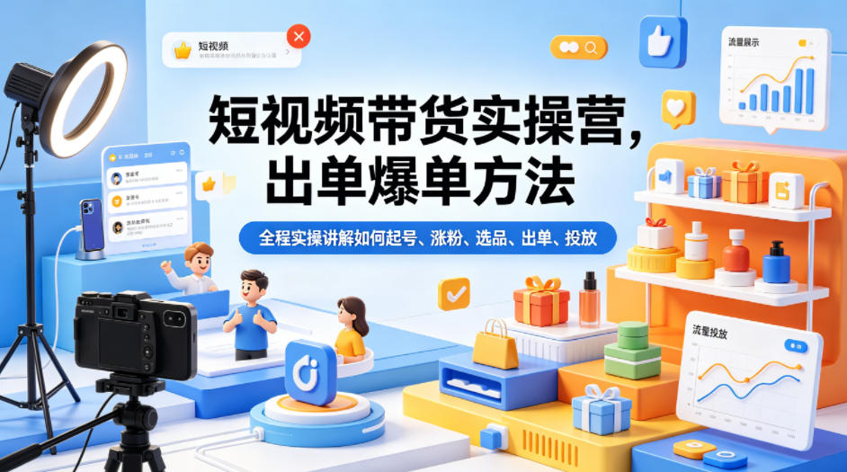 短视频带货实操营，出单爆单方法，全程实操讲解如何起号、涨粉、选品、出单、投放-AI学习资源网