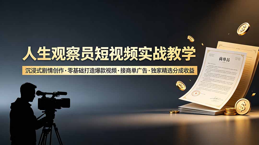 人生观察员短视频实战教学，沉浸式剧情创作，零基础打造爆款视频，接商单广告，独家精选分成收益-AI学习资源网