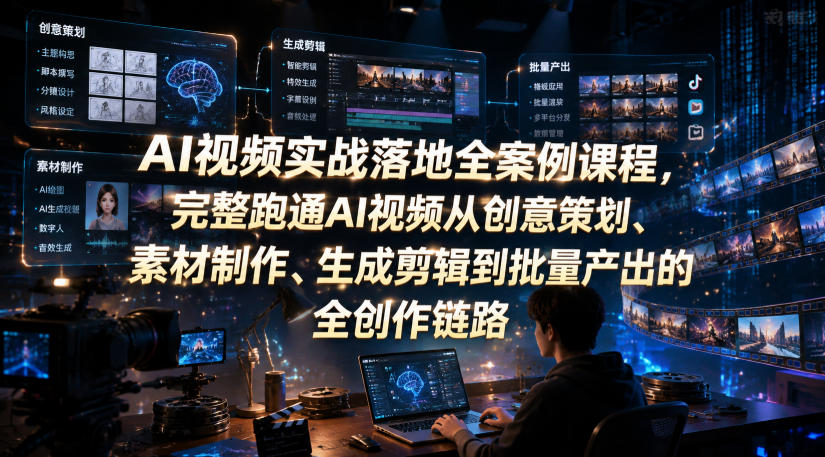 AI视频实战落地全案例课程，完整跑通AI视频从创意策划、素材制作、生成剪辑到批量产出的全创作链路-AI学习资源网