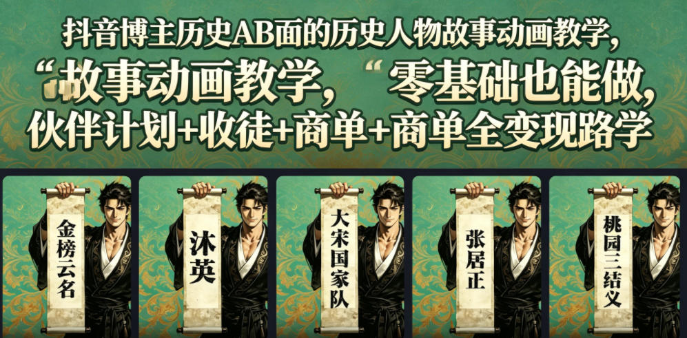抖音博主历史AB面的历史人物故事动画教学，零基础也能做，伙伴计划+收徒+商单全变现路径教学-AI学习资源网