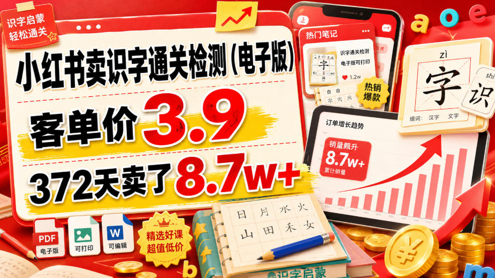 小红书卖识字通关检测(电子版),客单价3.9,372天卖了8.7w+-AI学习资源网