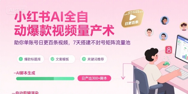 小红书AI全自动爆款视频量产术，助你单账号日更百条视频，7天搭建不封号矩阵流量池-AI学习资源网