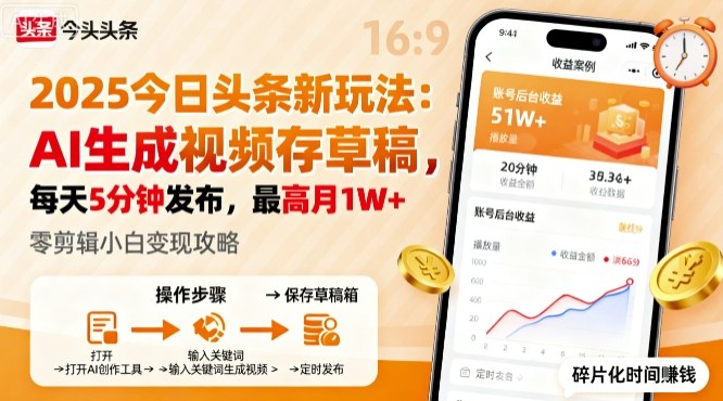 2025年今日头条躺賺新玩法，AI生成视频存草稿，每天5分钟发布，最高月1W+【揭秘】-AI学习资源网