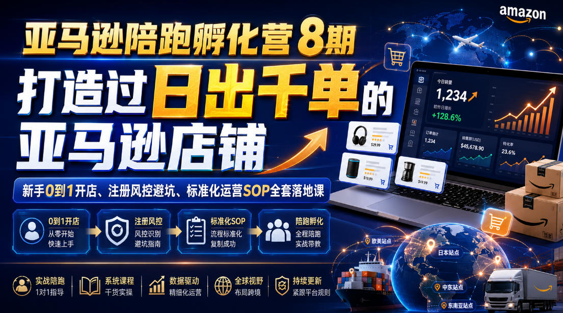 亚马逊陪跑孵化营8期，打造过日出千单的亚马逊店铺，新手0到1开店、注册风控避坑、标准化运营SOP全套落地课-AI学习资源网