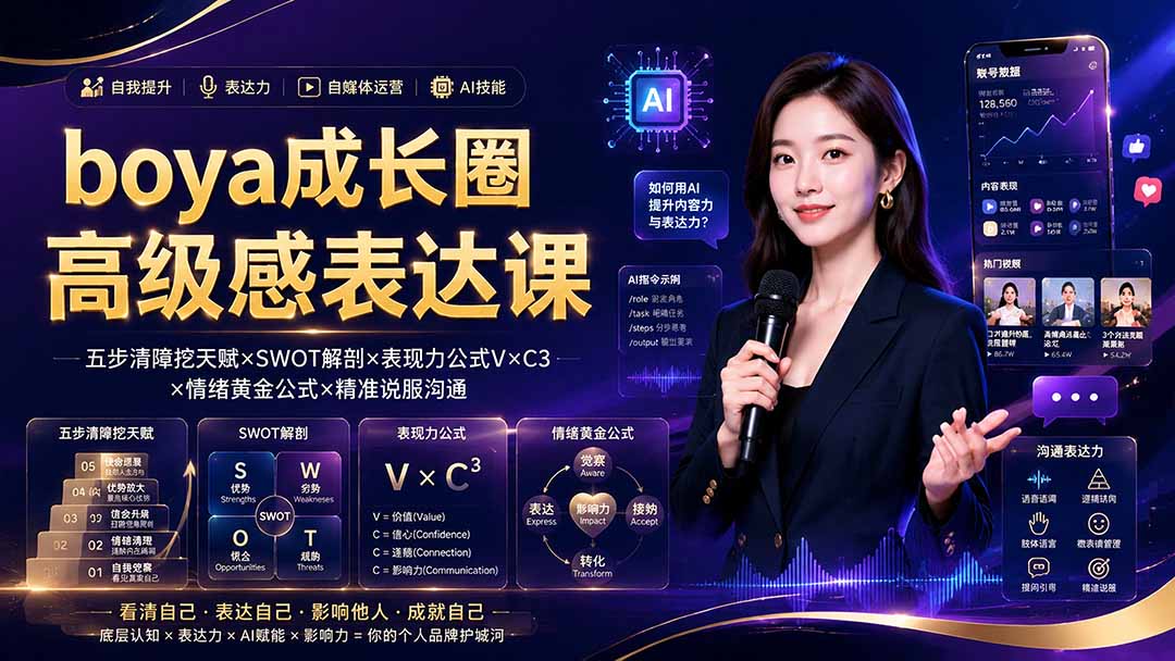 boya成长圈｜内心成长高级表达AI自媒体三合一，消解内耗挖掘天赋，镜头沟通AI指令短视频全流程教学-AI学习资源网