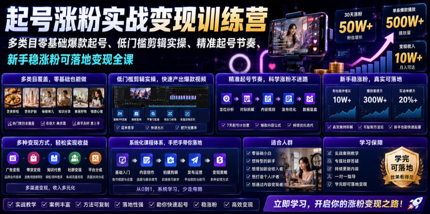 苗子起号涨粉实战变现训练营,多类目零基础爆款起号、精准起号节奏、新手稳涨粉可落地变现全课-AI学习资源网